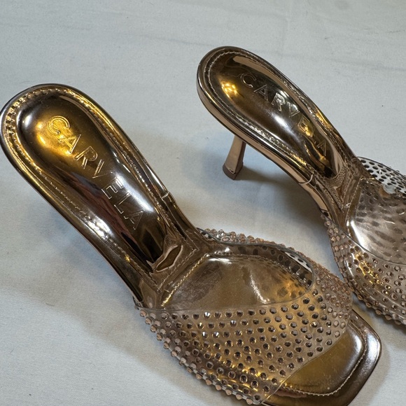 Carvela Metallic Gold & Rhinestone High Heeled Mules - Picture 3 of 10